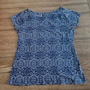 Lauren Ralph Lauren Blue Medallion Cotton Casual Top Cap Sleeves Size XL Womens